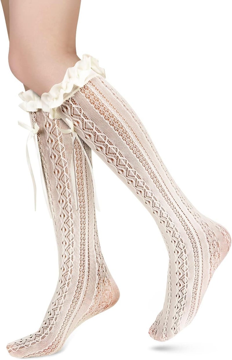 Benefeet Sox Womens Fishnet Knee High Socks White Black Lace Mesh Sexy Stockings Hollow Out Sheer Tube Calf Sock - Image 1